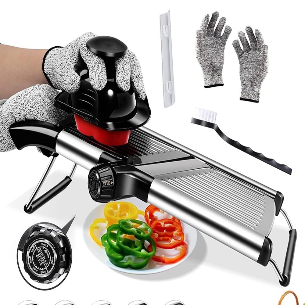 Cortador Mandolina de verduras que permite cortar de manera precisa y uniforme espirales y rodajas finas. Ideal para crear ensaladas y guarniciones.